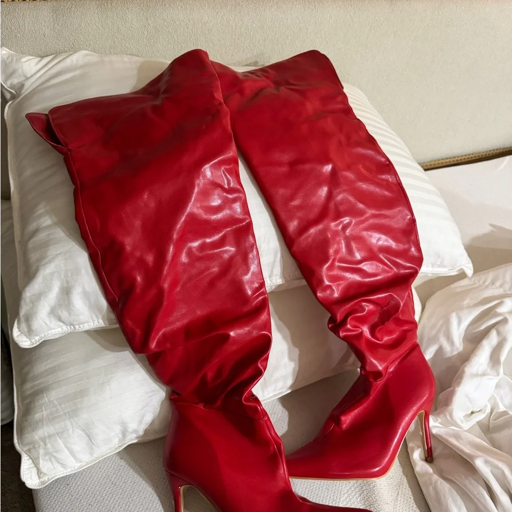 Red Over-the-Knee Stiletto Boots - Women